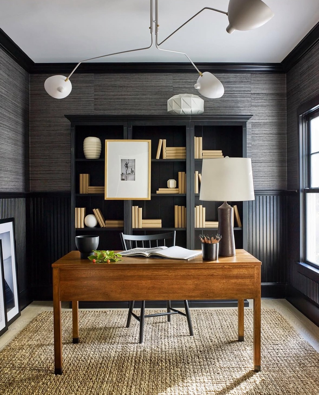 13. Charcoal Grasscloth with Black Built-Ins - paint colors for office ideas