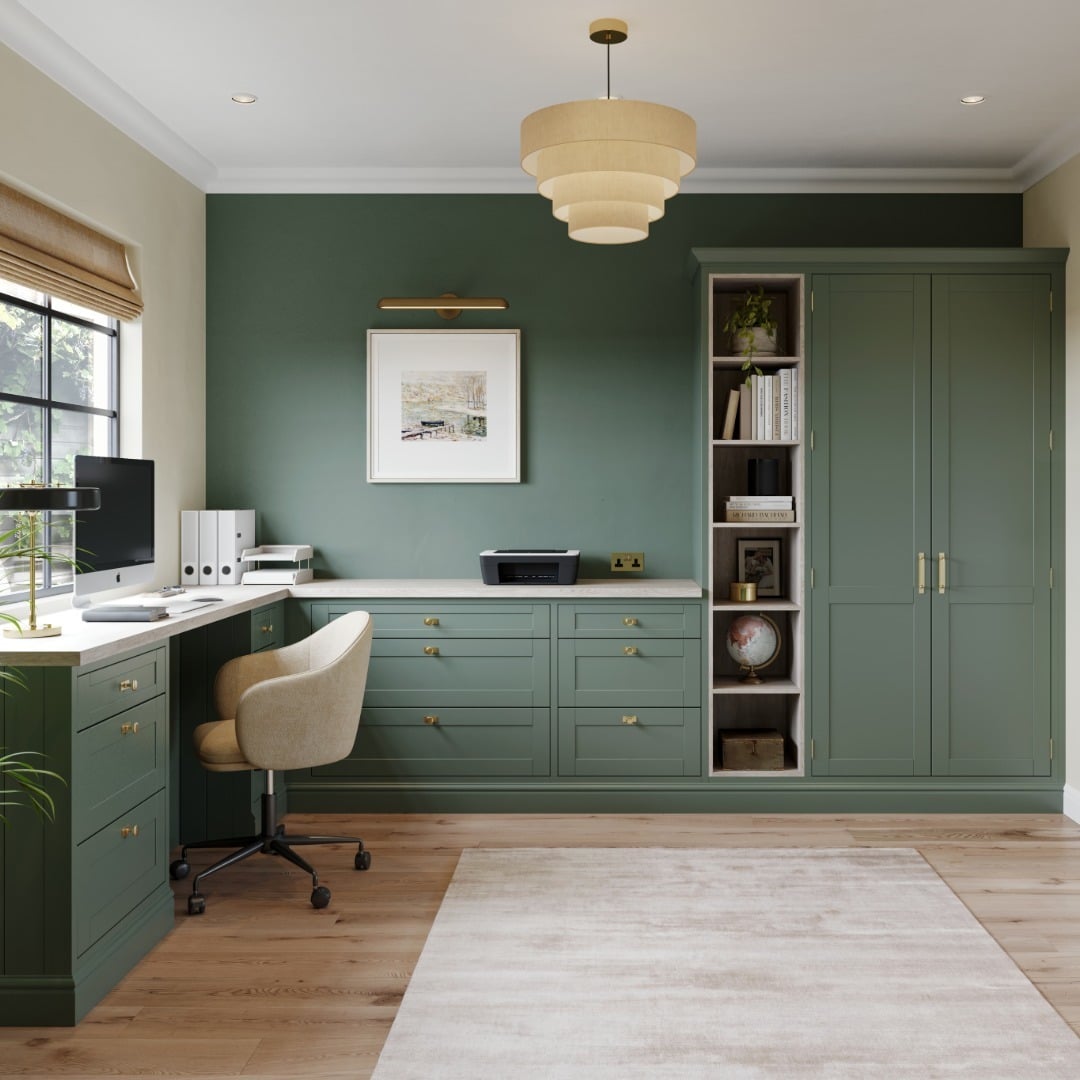 14. Soft Forest Green Cabinetry with Cream Trim - paint colors for office ideas