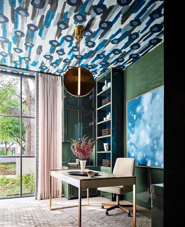 16. Emerald Shelving with a Patterned Statement Ceiling - paint colors for office ideas