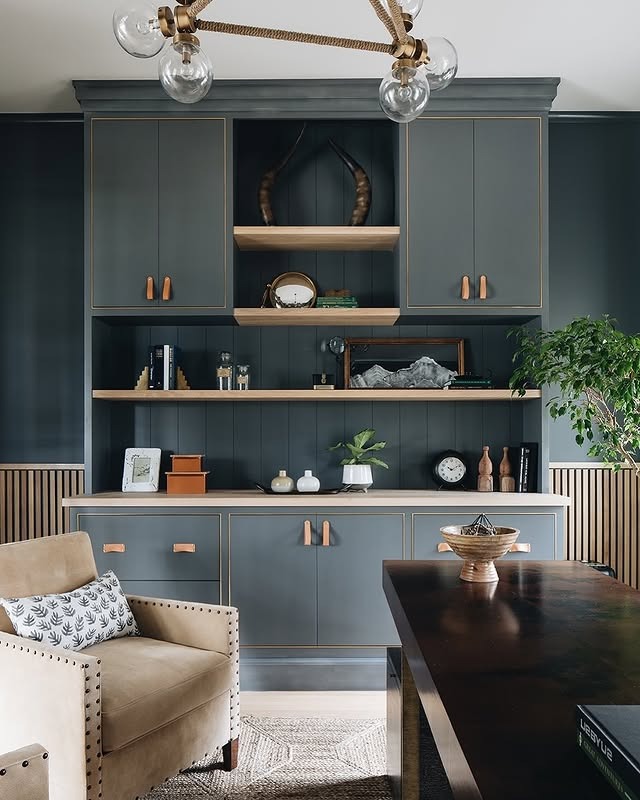 18. Deep Gray Cabinetry with Warm Wood Shelves - paint colors for office ideas
