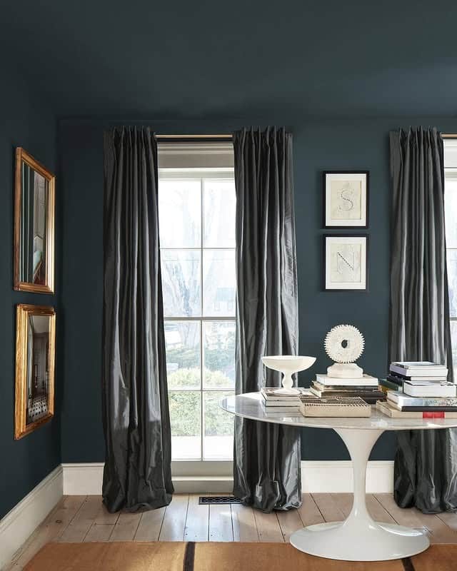 19. Storm Blue Walls with Dramatic Drapery - paint colors for office ideas