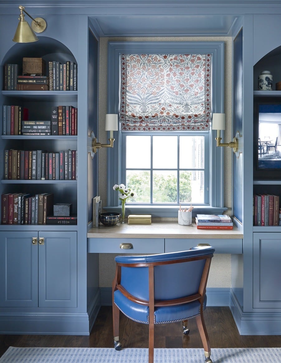 20. French Blue Built-Ins with Classic Brass Details - paint colors for office ideas