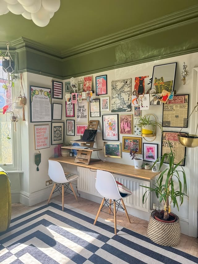 21. Olive Ceiling with a Creative Gallery Wall - paint colors for office ideas