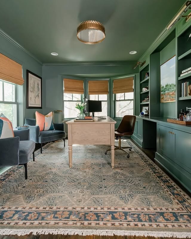 22. Dusty Green Paneling with Classic Warm Neutrals - paint colors for office ideas
