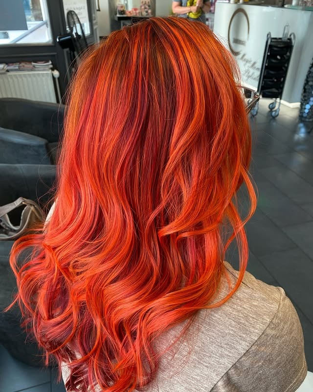 16. Fiery Orange Waves with Root Shadowing - Orange Hair Color