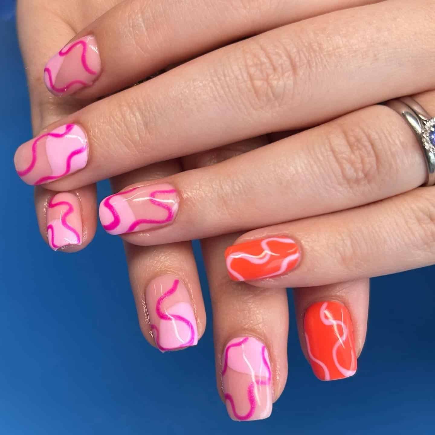 8. Pink & Coral Neon Squiggle Blend - squiggly nail ideas