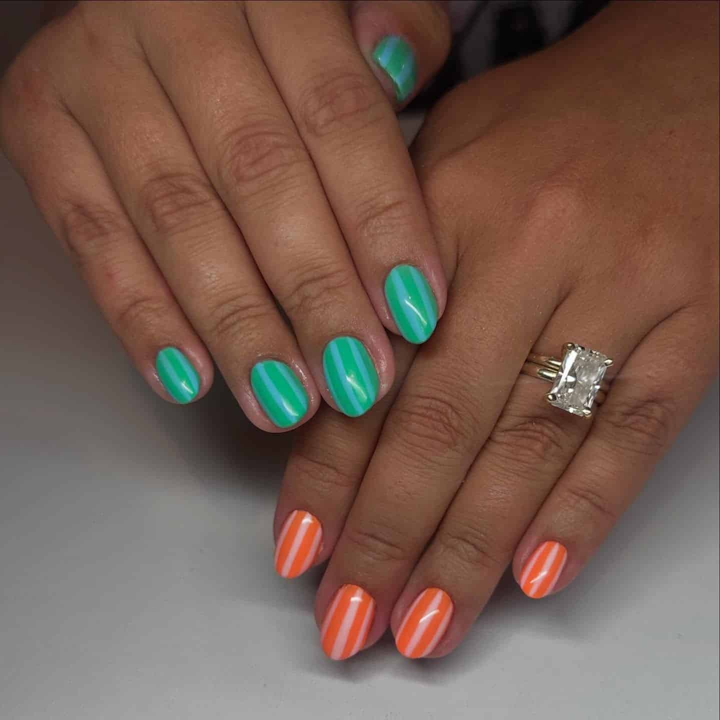2. Mint & Tangerine Duo Stripes - striped nail ideas
