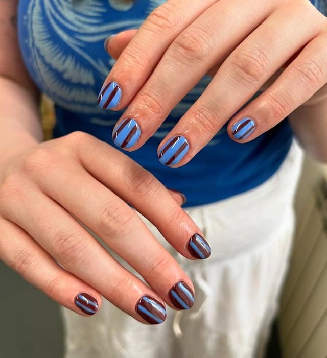 11. Blue & Chocolate Graphic Stripe Short Nails - striped nail ideas