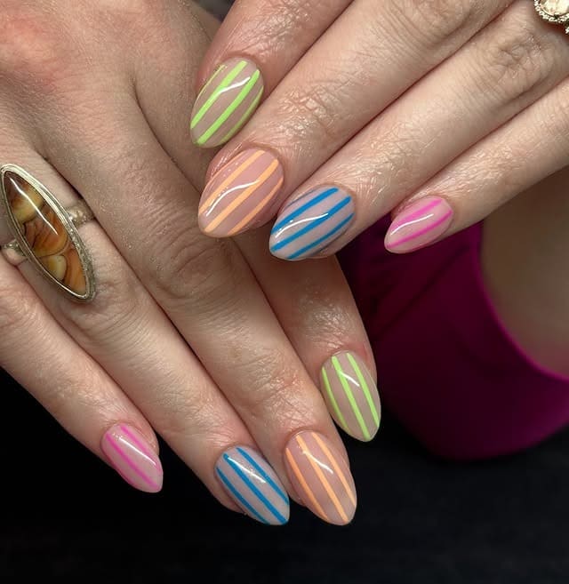 20. Pastel Rainbow Fine Line Almond Nails - striped nail ideas