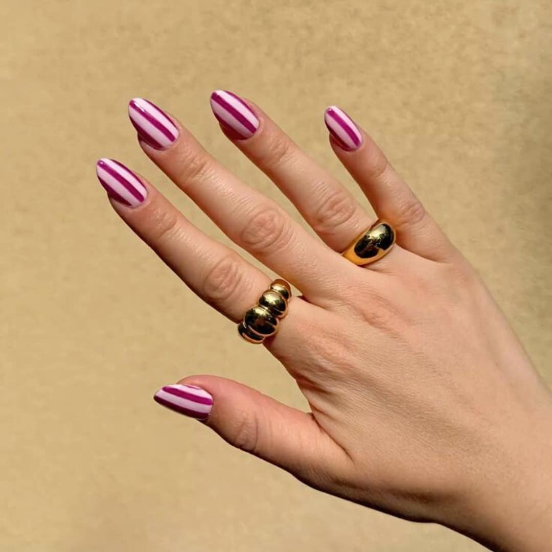 22. Magenta & White Clean Vertical Stripe Almond Nails - striped nail ideas