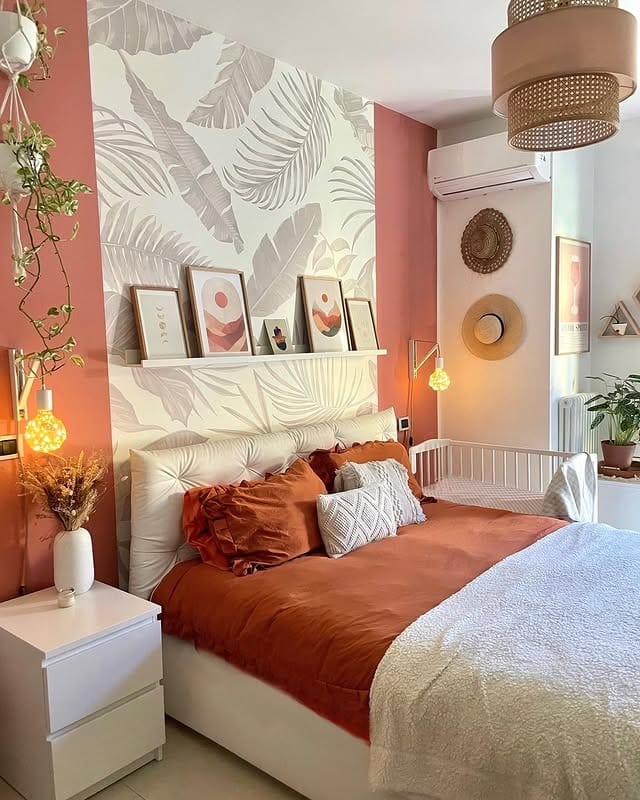 2. Terracotta Glow with Modern Tropical Prints - colorful bedroom ideas
