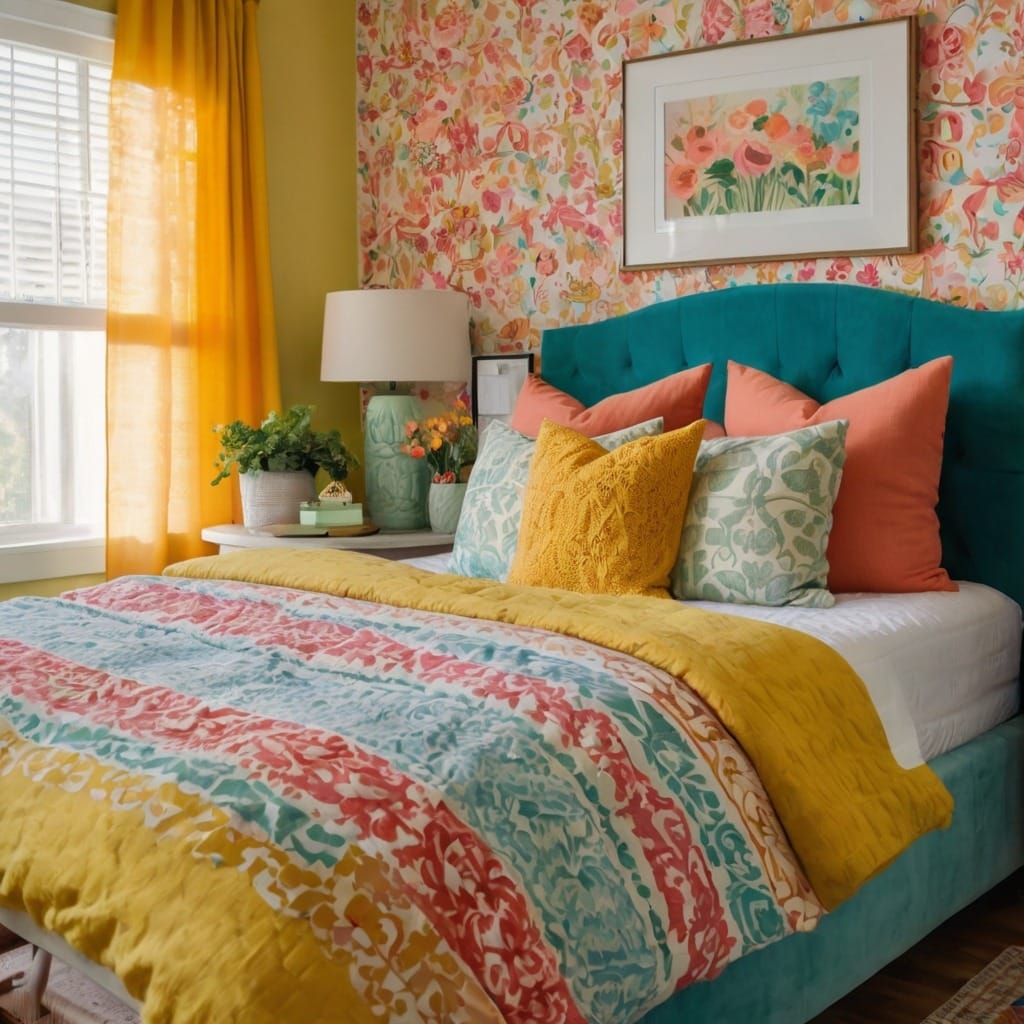 11. Floral Sunrise Retreat with Teal and Marigold Accents - colorful bedroom ideas