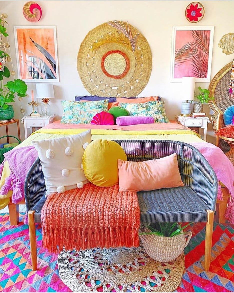 12. Tropical Rainbow Oasis with Layered Textures - colorful bedroom ideas