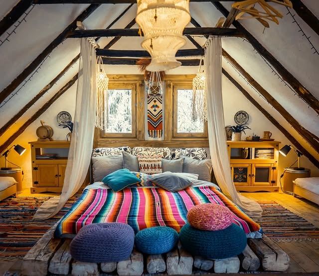 15. Rustic Rainbow Loft with Global-Inspired Textiles - colorful bedroom ideas