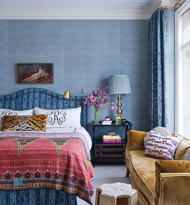 17. Blue Pattern Haven with Rich Jewel Accents - colorful bedroom ideas