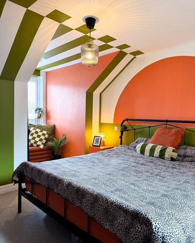 21. Bold Citrus Color Block Bedroom with Graphic Lines - colorful bedroom ideas