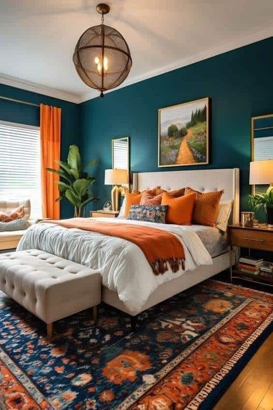 22. Emerald and Sunset Orange Luxury Retreat - colorful bedroom ideas