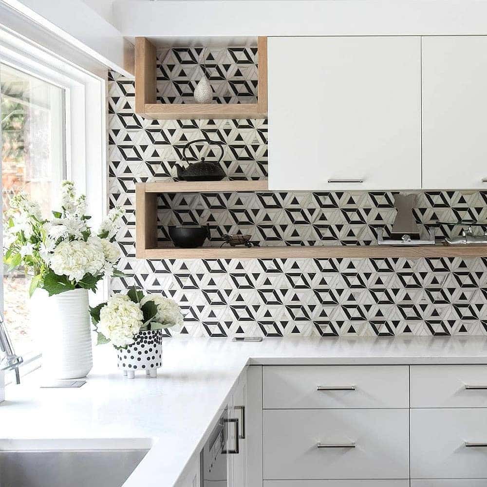 2. Geometric Monochrome Triangle Backsplash - kitchen backsplash ideas