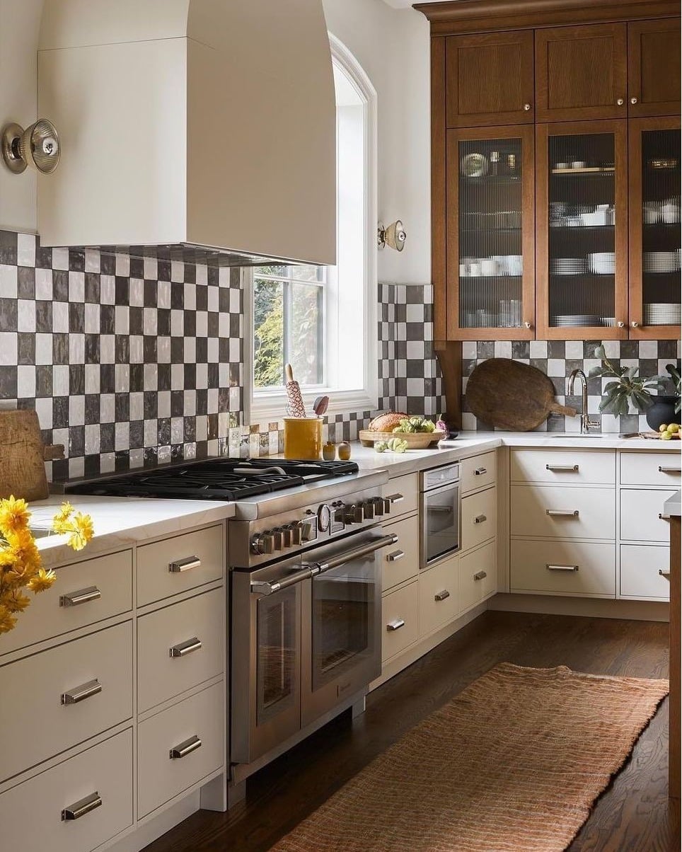 5. Classic Checkerboard Tile with Warm Neutrals - kitchen backsplash ideas