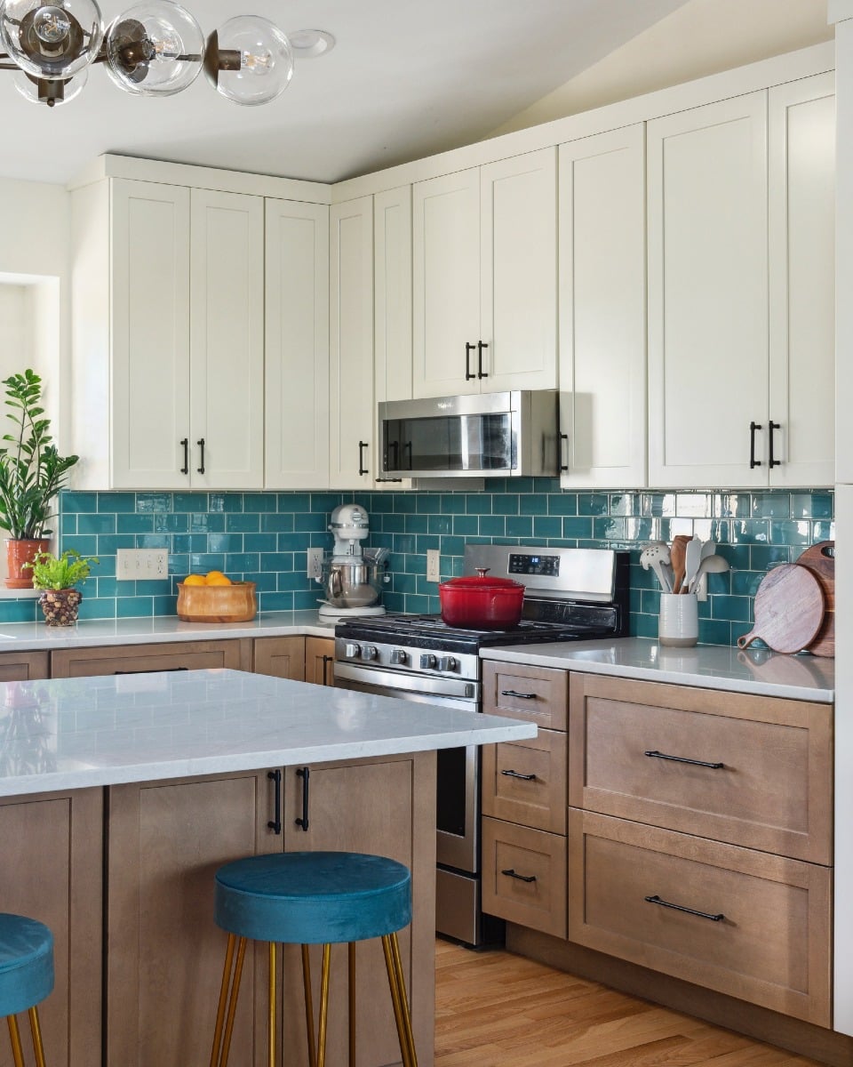 10. Teal Subway Tile with Warm Wood Base Cabinets - kitchen backsplash ideas