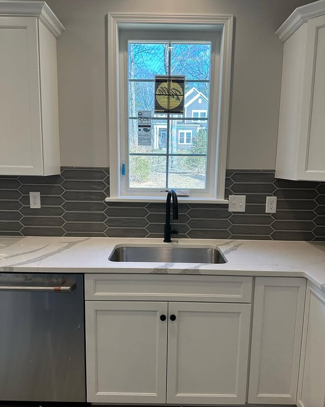 14. Gray Elongated Hex Tile with White Shaker Cabinets - kitchen backsplash ideas