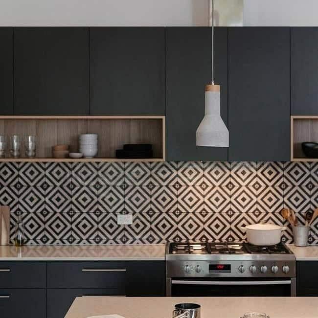 16. Bold Black-and-White Patterned Tile with Charcoal Cabinets - kitchen backsplash ideas