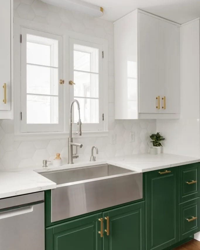 22. White Hexagon Tile with Emerald Base Cabinets - kitchen backsplash ideas