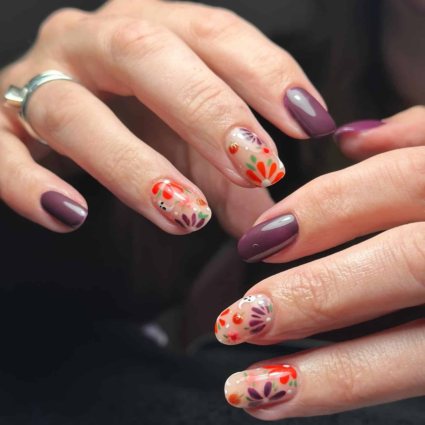 6. Violet and Floral Mix Nails - subtle nail ideas