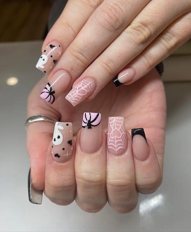 12. Pink Web and Ghost Nail Art on Coffin Tips - subtle nail ideas