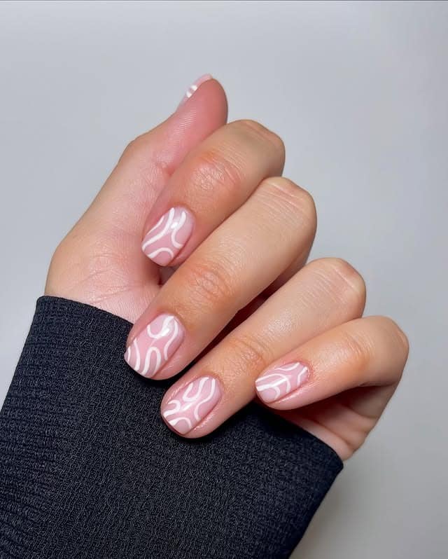 20. White Swirl Line Art on Pale Pink Short Nails - subtle nail ideas