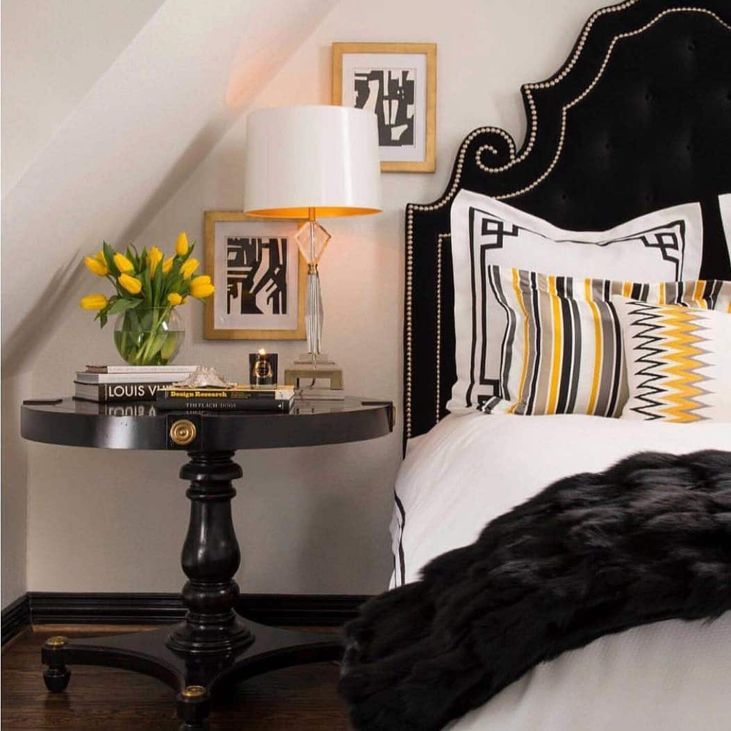 1. Chic Contrast with Graphic Accents - black and yellow bedroom ideas