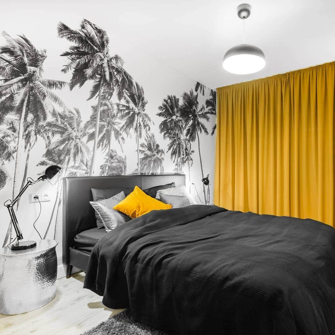 6. Monochrome Drama with a Bold Curtain Wall - black and yellow bedroom ideas