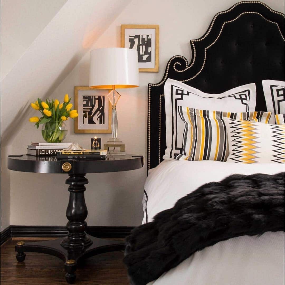 8. Graphic Geometry with Luxe Details - black and yellow bedroom ideas