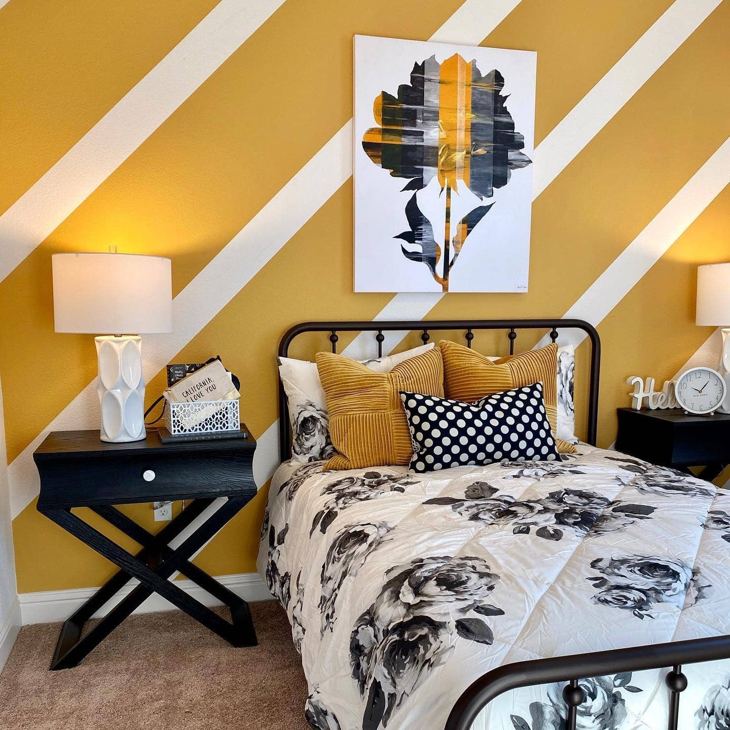 10. Bold Stripes and Sunlit Mustard Walls - black and yellow bedroom ideas