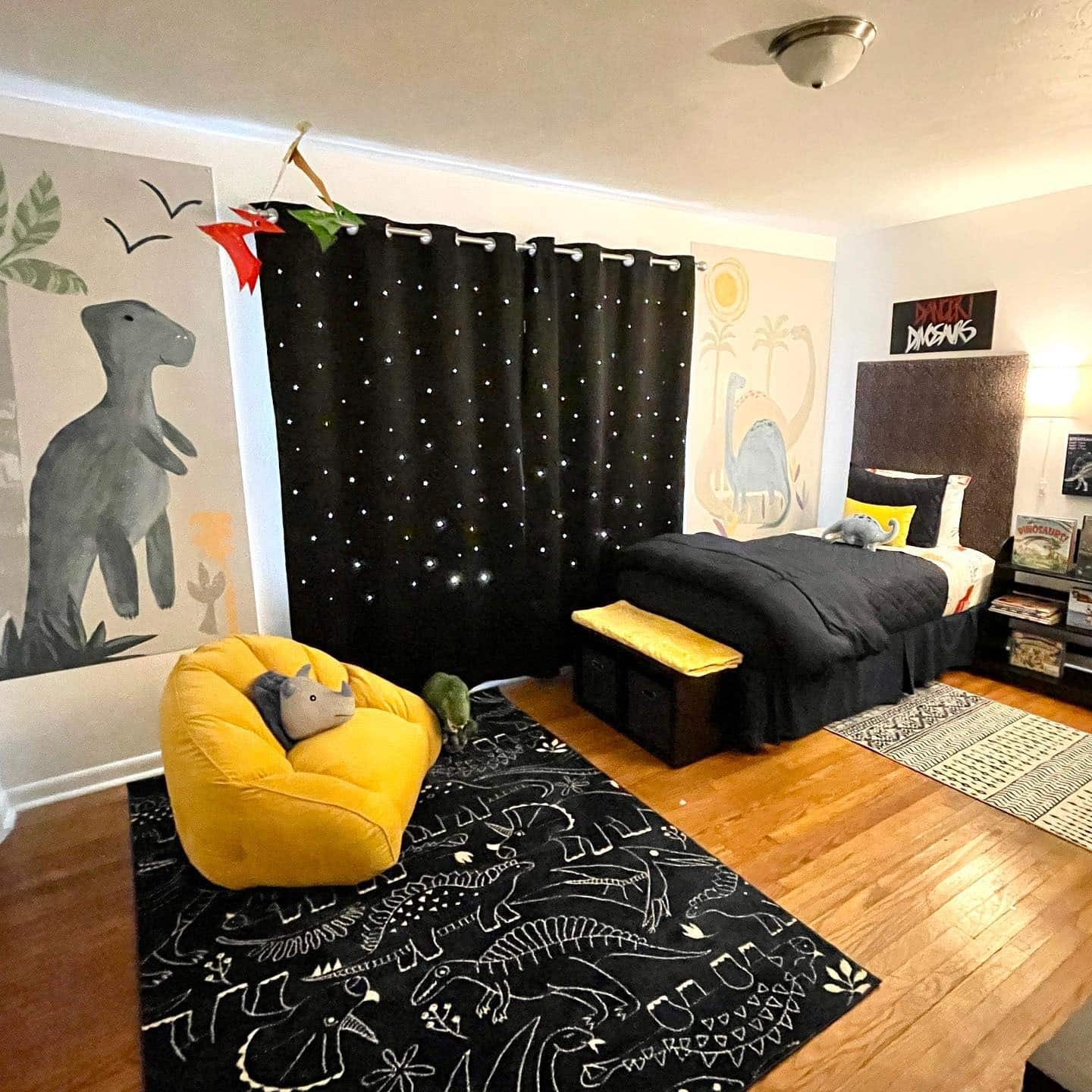 13. Playful Dino Theme in Black and Yellow - black and yellow bedroom ideas