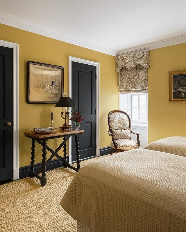 16. Classic Mustard Walls with Black Doors - black and yellow bedroom ideas