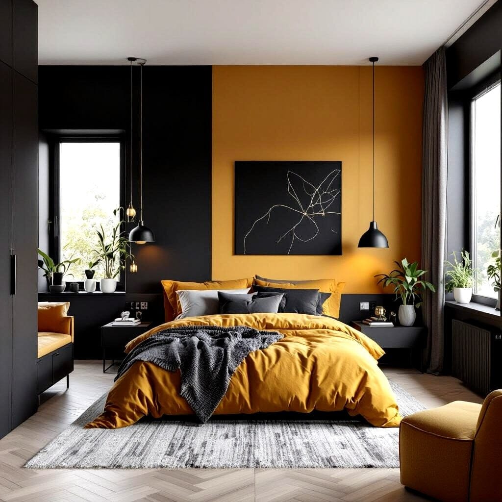 19. Modern Balance with Golden Walls and Charcoal Details - black and yellow bedroom ideas
