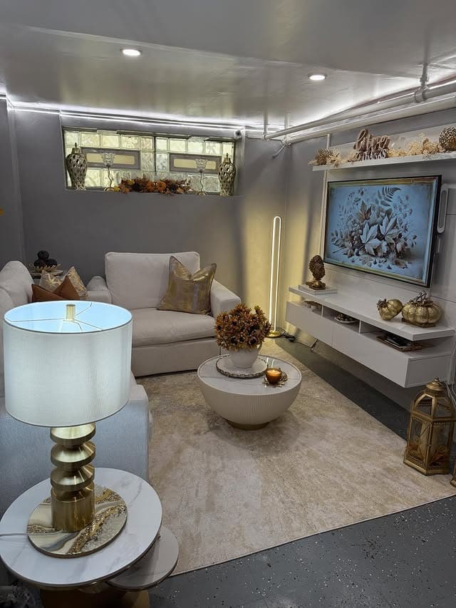 15. Soft Metallic Glam with Cream and Gold Accents - basement living room ideas