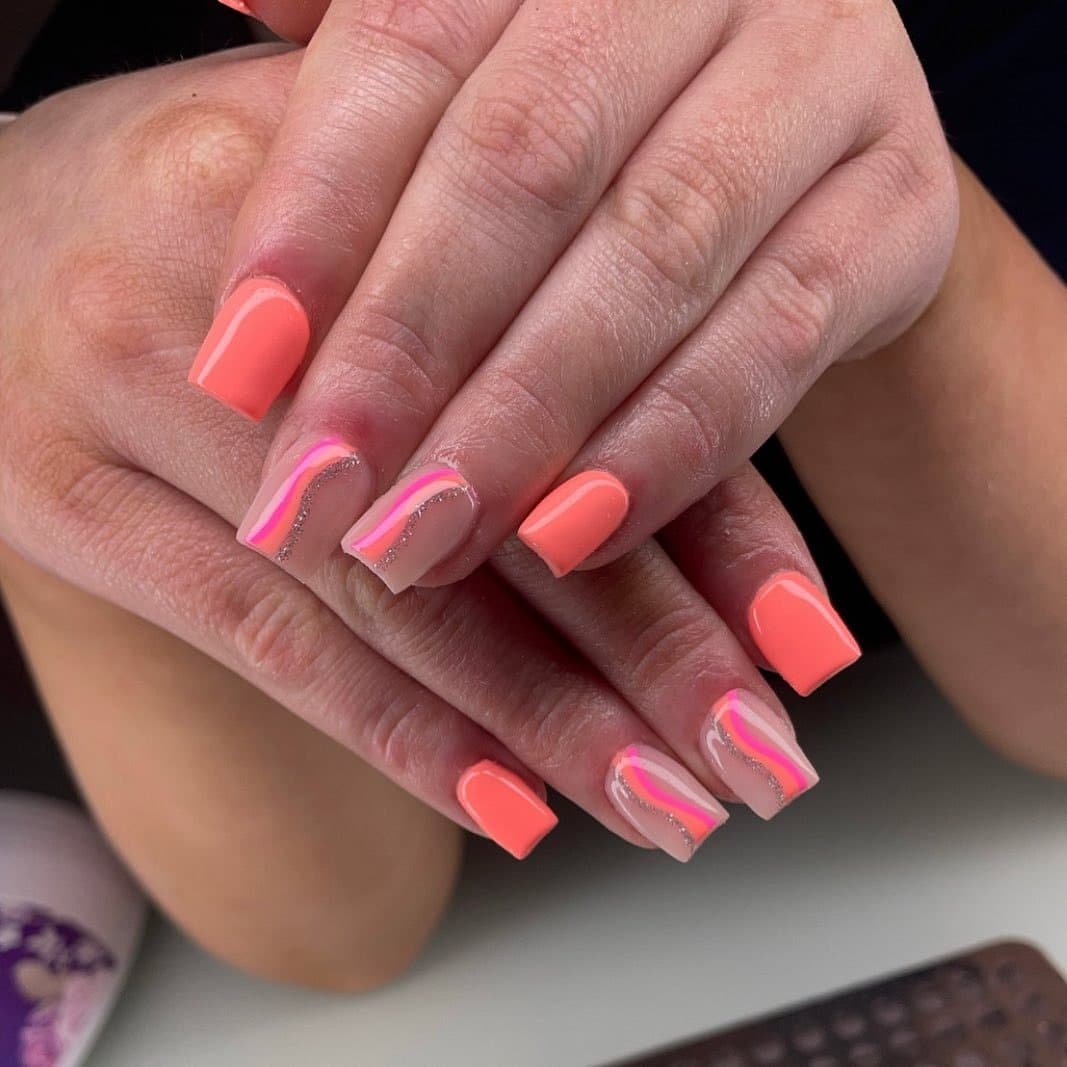 2. Neon Coral Square Set with Shimmer Lining - summer coral nail ideas