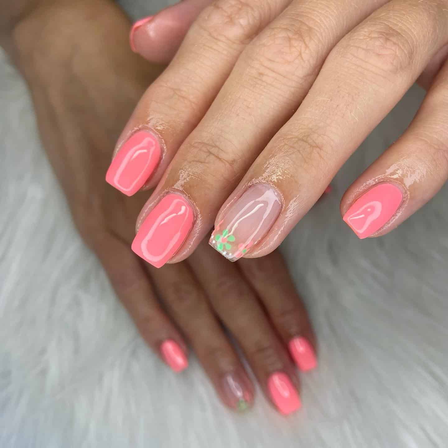 8. Square Coral Nails with Tiny Floral Touches - summer coral nail ideas