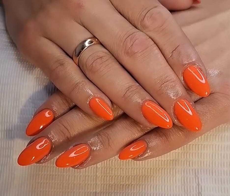 16. Bright Orange-Coral Almond Nails - summer coral nail ideas