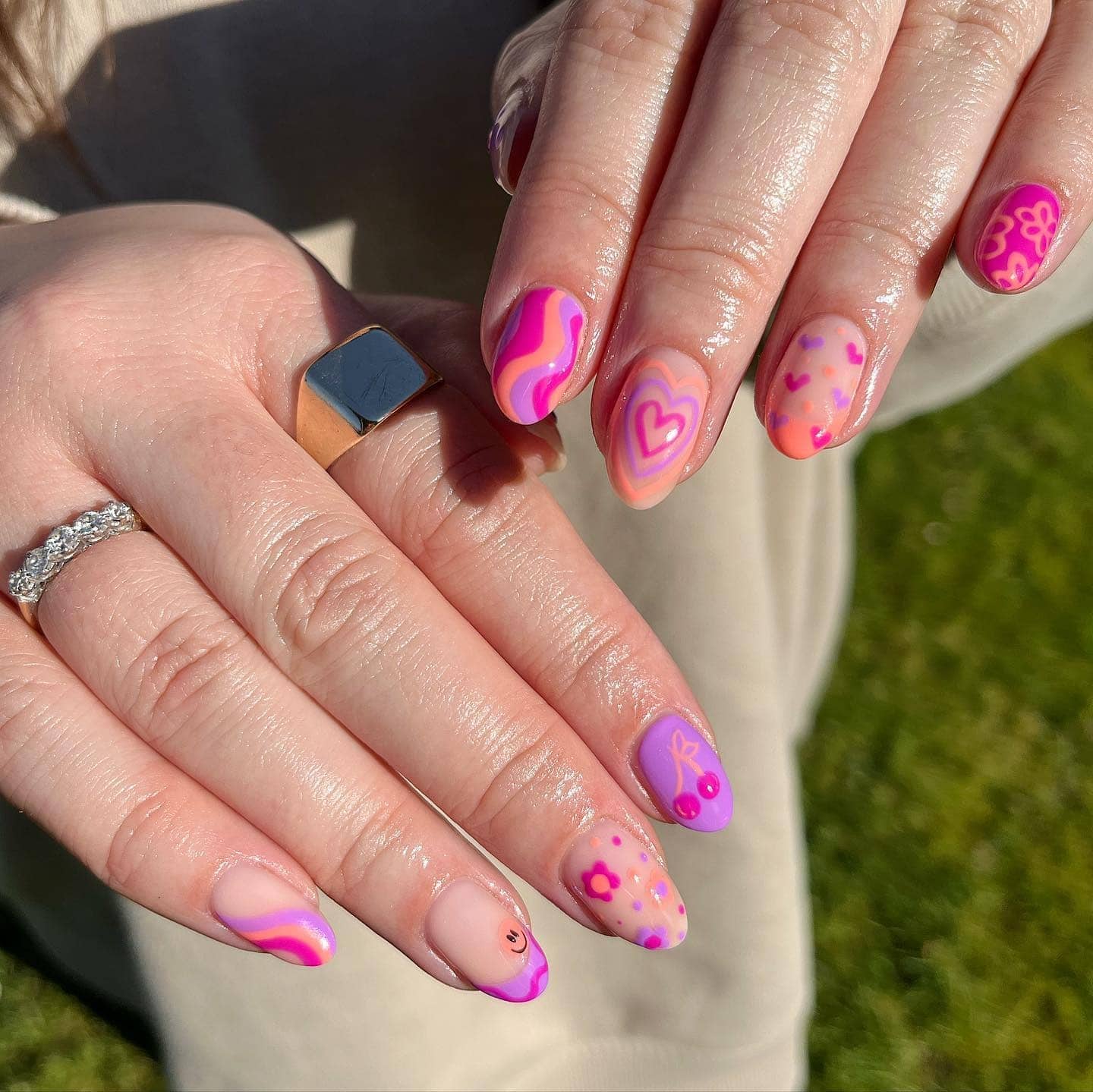 17. Playful Coral & Pink Mixed Art Set - summer coral nail ideas