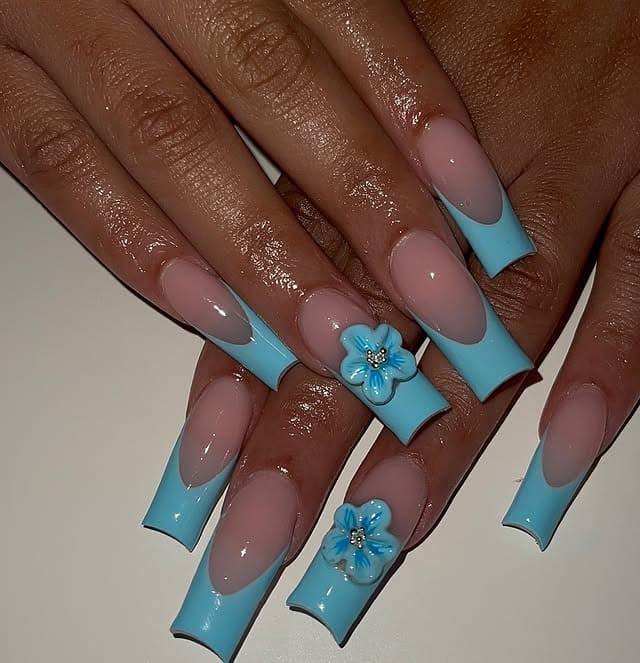3. Aqua Bloom French Squares - summer square nail ideas