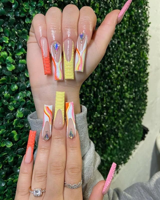4. Citrus Wave Textured Squares - summer square nail ideas