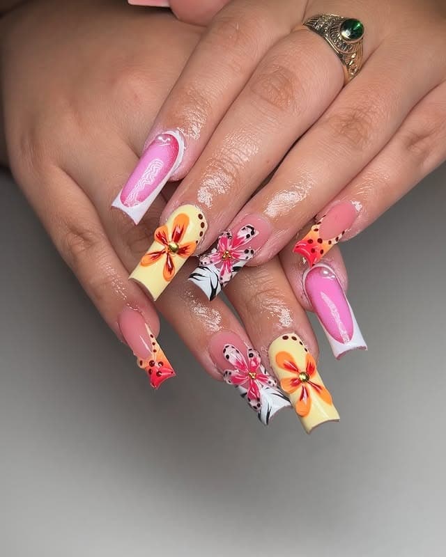 5. Butterfly Garden Square Nails - summer square nail ideas