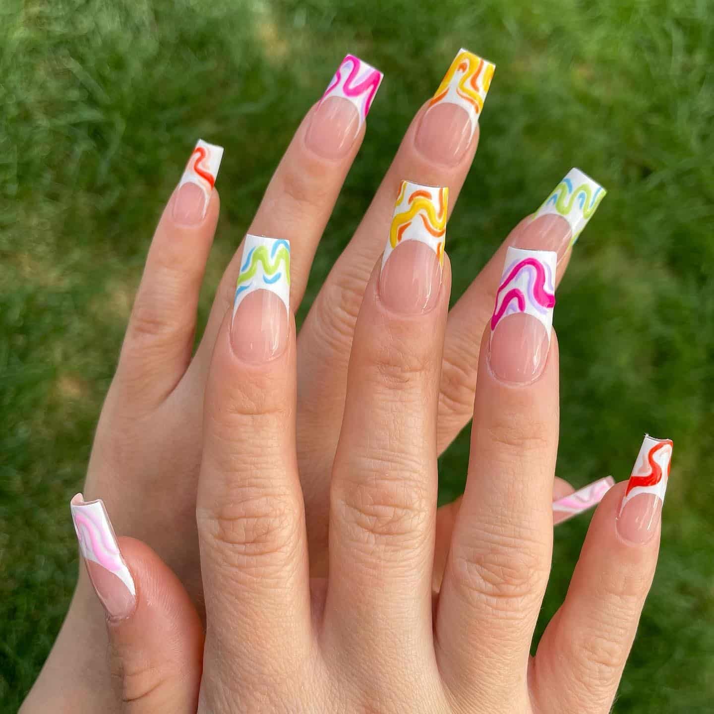 7. Neon Wave French Squares - summer square nail ideas