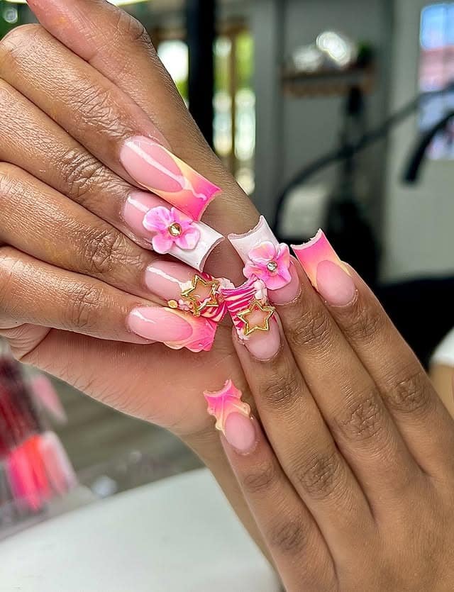 9. Pink Bloom Accent Square Nails - summer square nail ideas