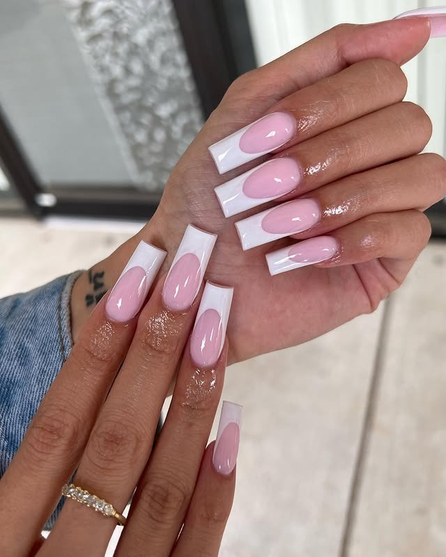 12. Soft Pink Cut-Out French Squares - summer square nail ideas