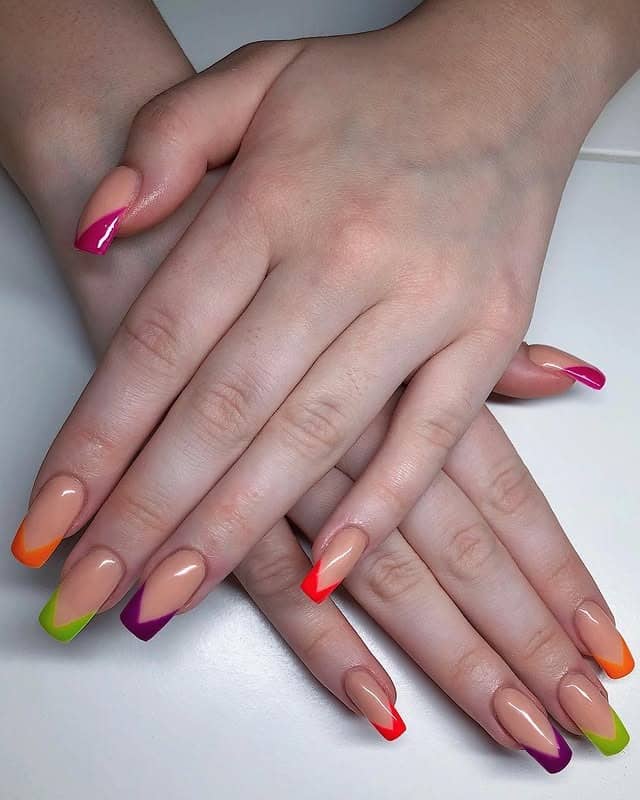 13. Bright Multicolor V-Tip Squares - summer square nail ideas