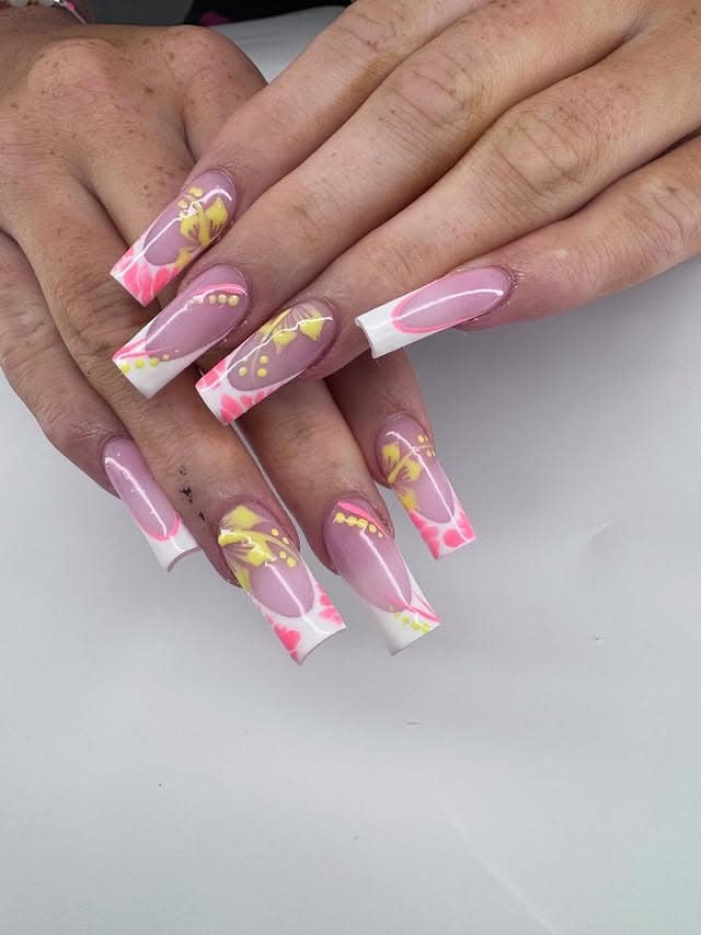 14. Yellow Butterfly Blossom Square Nails - summer square nail ideas